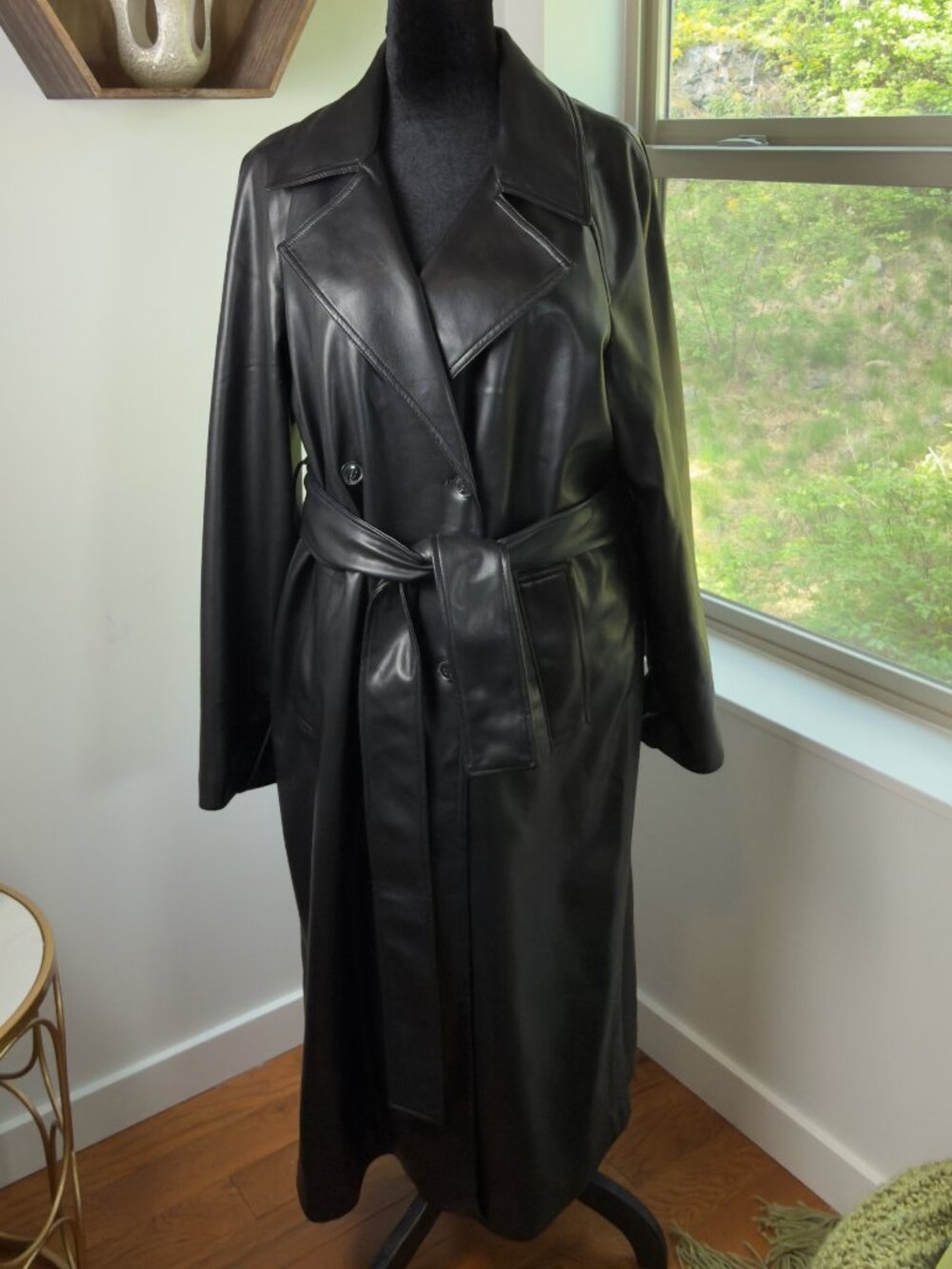 Gap Black Vegan Leather Double Breasted Trench Coat